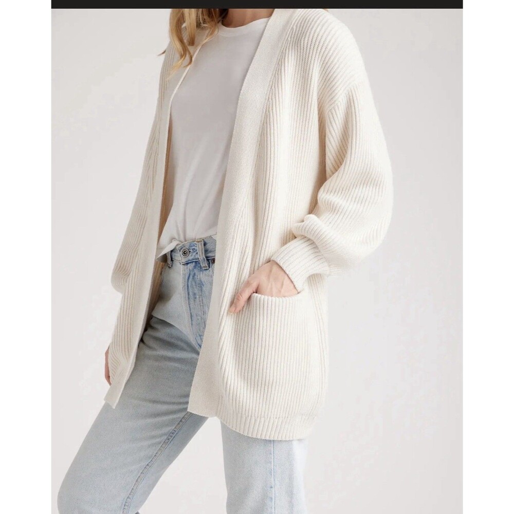 Quince Ivory 100% Organic Cotton Oversized Women's Cardigan Sweater Size L EUC